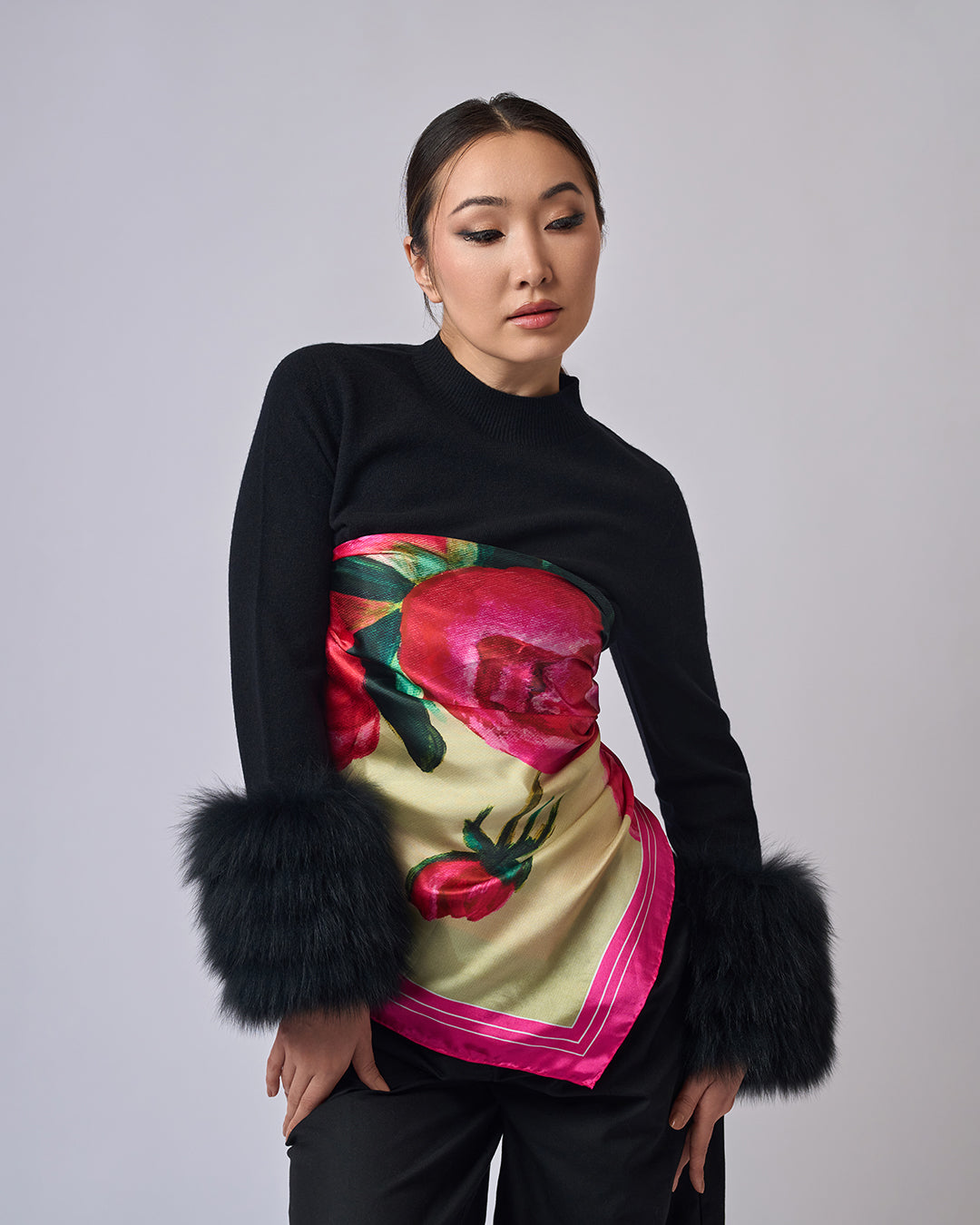 Art Peonies Pure Silk Scarf in Pink Orange Blue Green and Black  – Alesia C. Art-A-Porte Collection