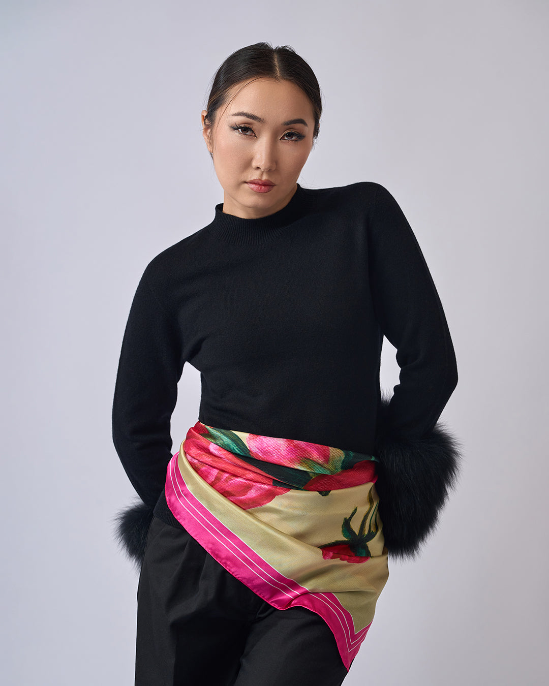 Art Peonies Pure Silk Scarf in Pink Orange Blue Green and Black  – Alesia C. Art-A-Porte Collection