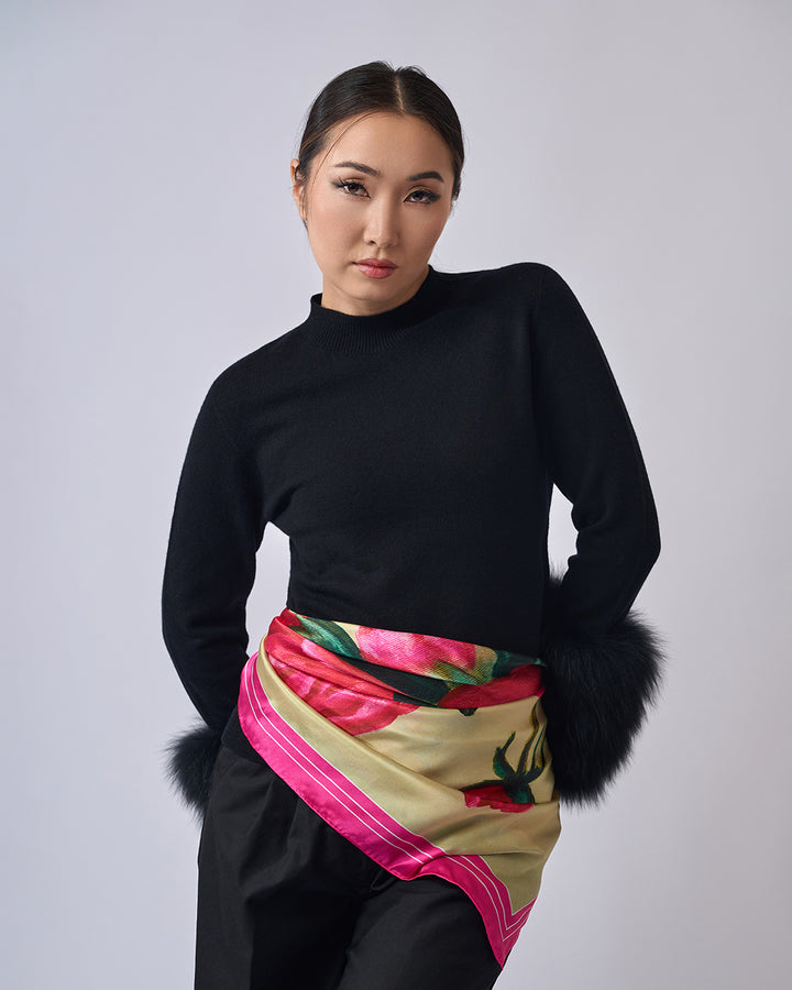 Art Peonies Pure Silk Scarf in Pink Orange Blue Green and Black  – Alesia C. Art-A-Porte Collection