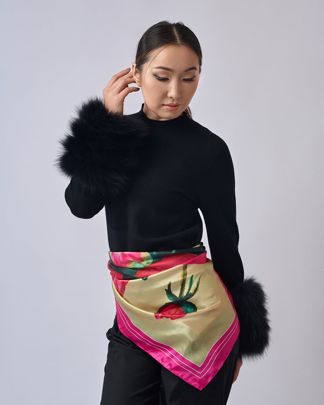 Art Peonies Pure Silk Scarf in Pink Orange Blue Green and Black  – Alesia C. Art-A-Porte Collection