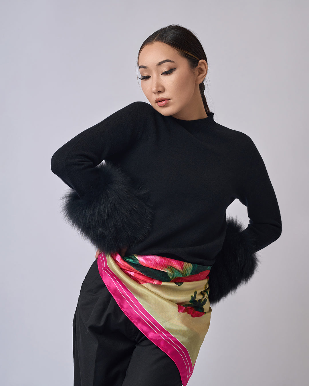 Art Peonies Pure Silk Scarf in Pink Orange Blue Green and Black  – Alesia C. Art-A-Porte Collection