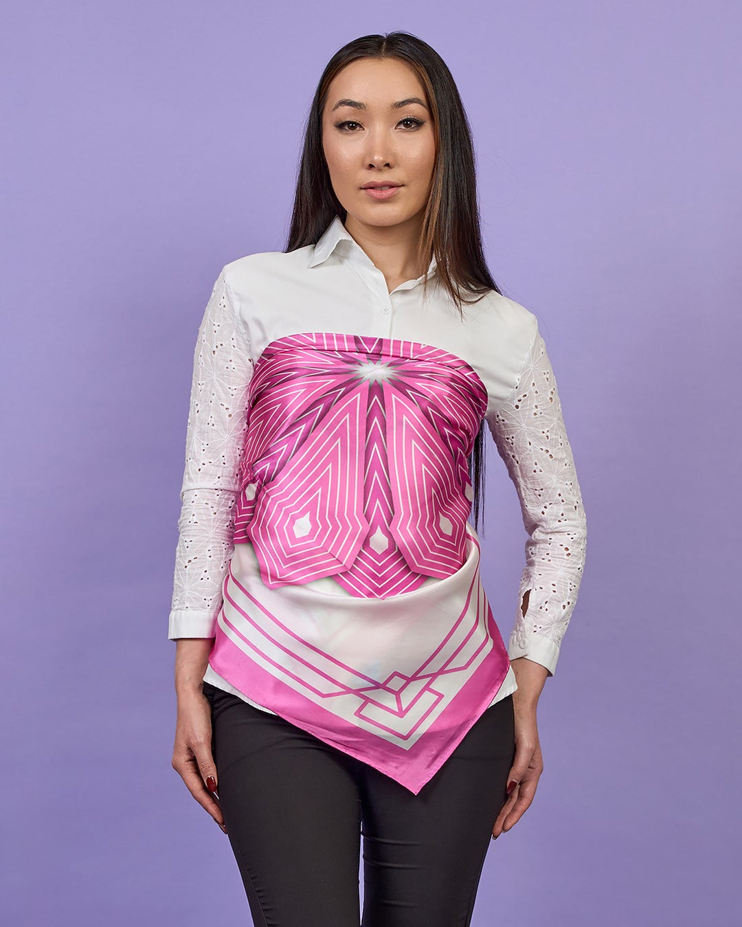 Pink and White Flower Of Life Mandala Luxury Designer 100% Silk Scarf by Alesia Chaika AlesiaC.com