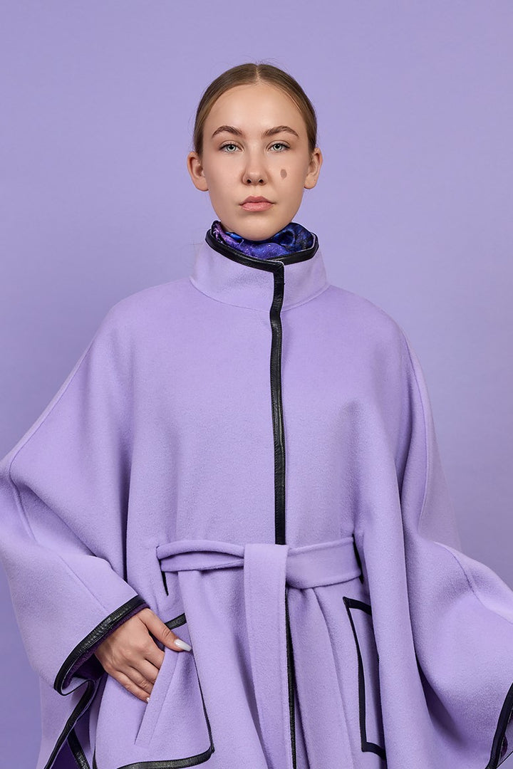 Luxury Lavender Belted Cape Coat in Virgin Wool Cashmere With Black Leather Trim in Lake Forest Shop, Illinois, USA fashion designer Alesia C. boutique AlesiaC,com