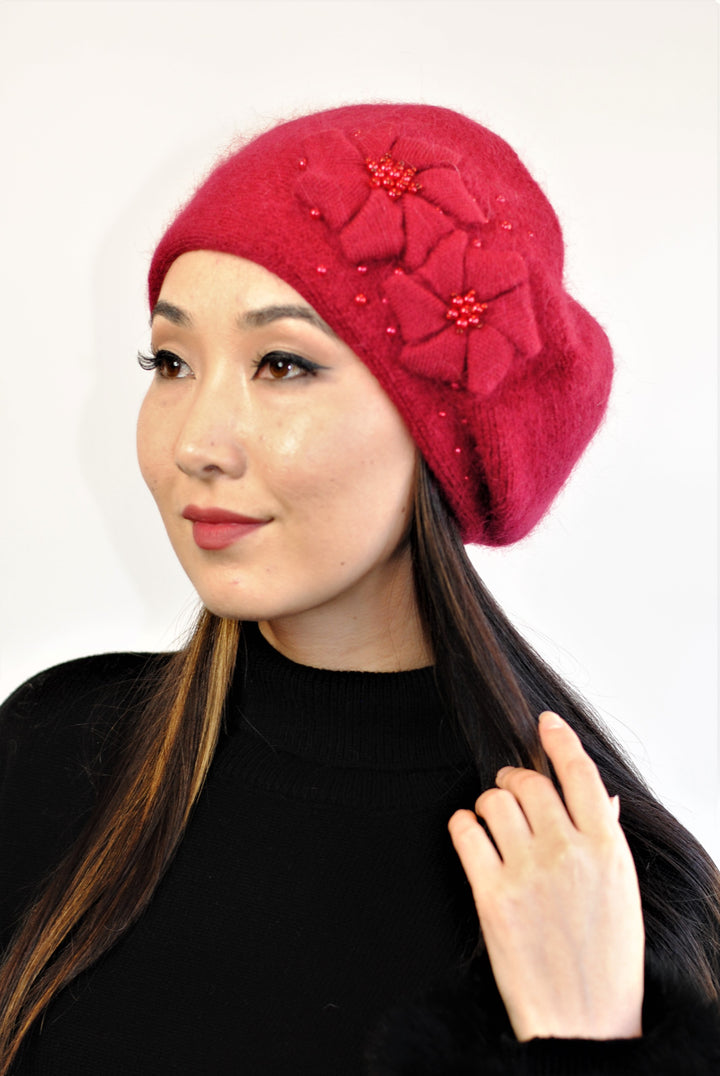 DOUBLE ANGORA Embroidered Wool Knit Beret Hat