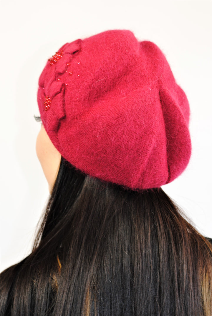 DOUBLE ANGORA Embroidered Wool Knit Beret Hat