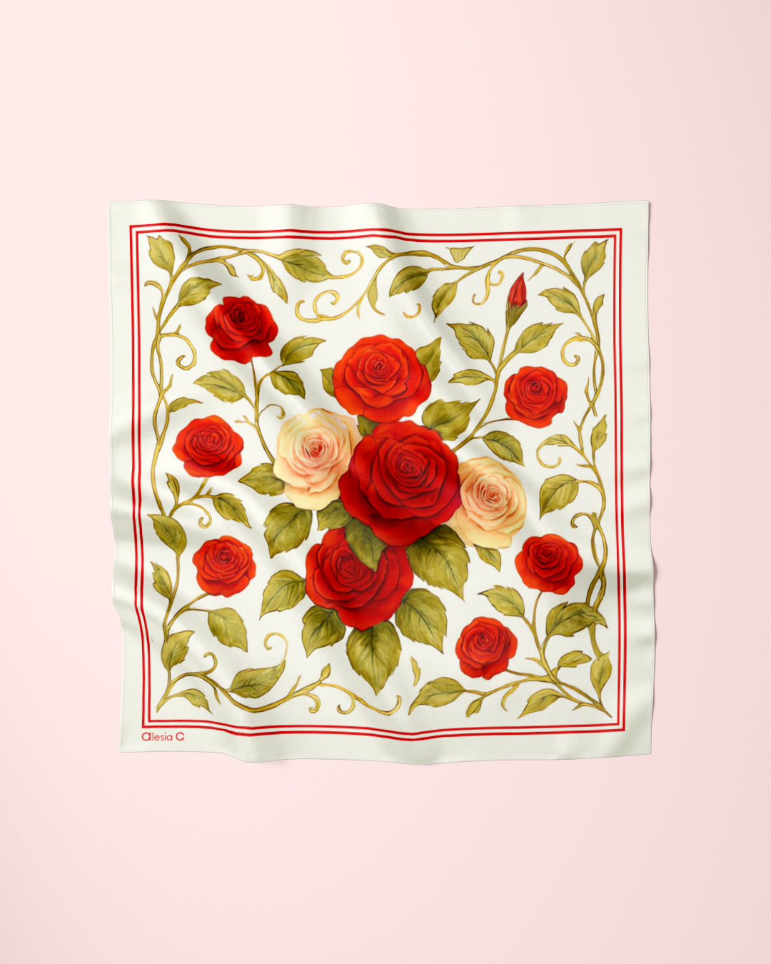 Red Rose Garden Ivory Cream Luxury Designer Pure Mulberry 100% Silk Scarf With Bright Red and Ivory Blooming Rose Flowers and Olive Green Leaves Over the Soft Cream Background by Chicago Fashion Designer Alesia Chaika AlesiaC.com