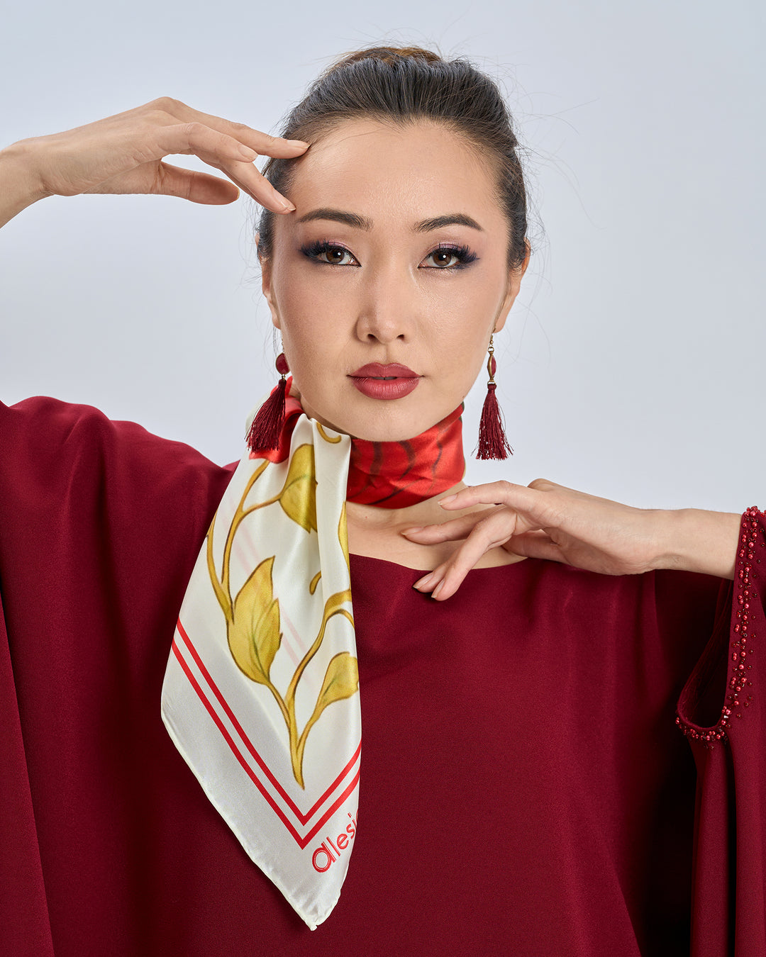 Red Rose Garden Silk Scarf - Bright Red and Cream Ivory - Alesia C. Floral Collection
