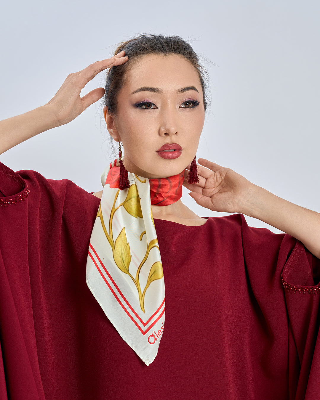 Red Rose Garden Silk Scarf - Bright Red and Cream Ivory - Alesia C. Floral Collection