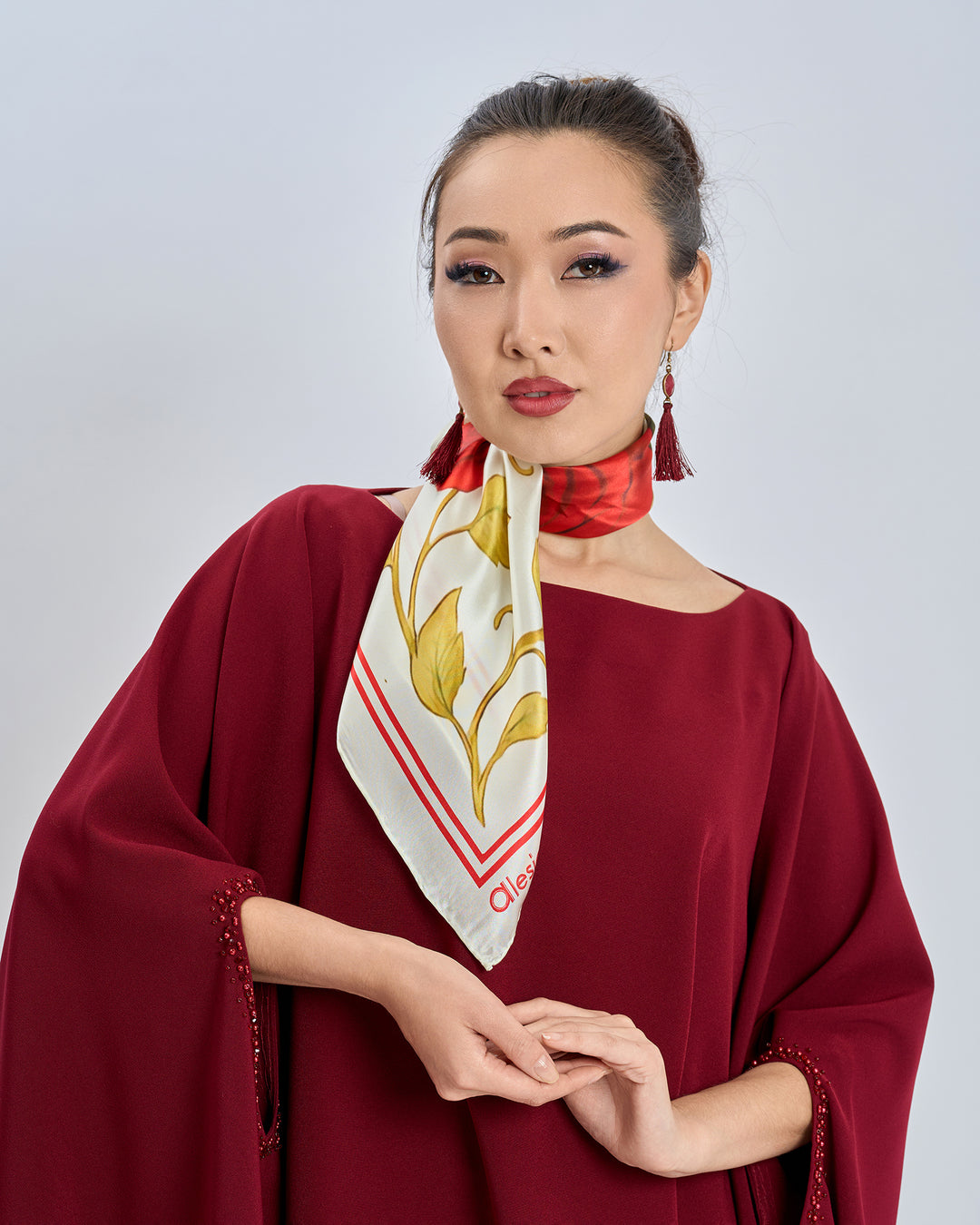 Red Rose Garden Silk Scarf - Bright Red and Cream Ivory - Alesia C. Floral Collection