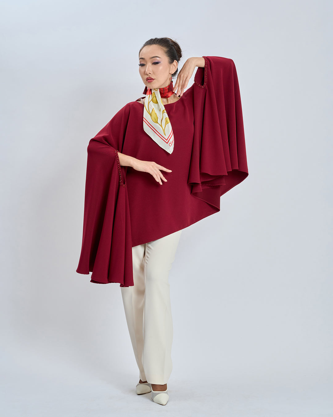 Red Rose Garden Silk Scarf - Bright Red and Cream Ivory - Alesia C. Floral Collection