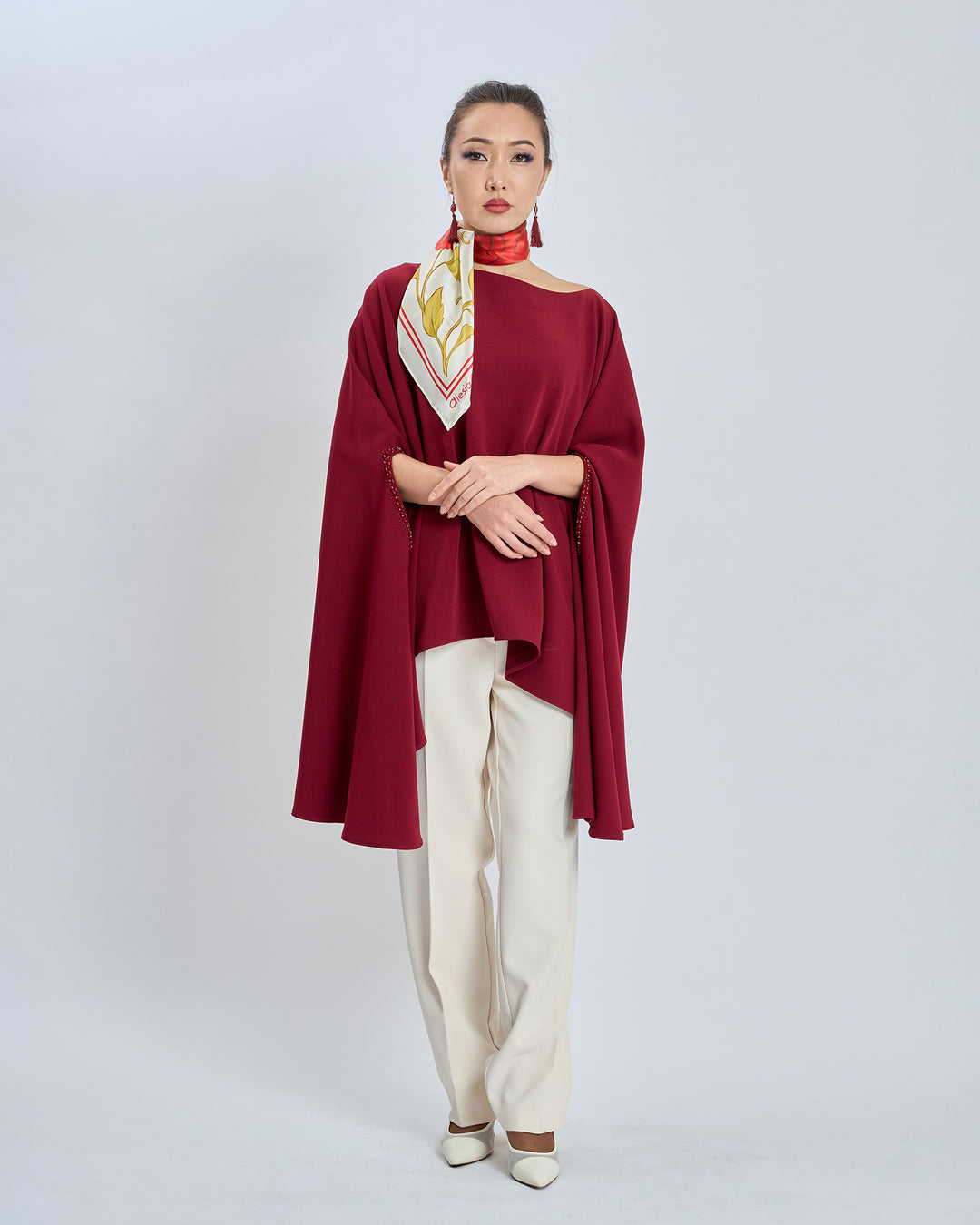 Red Rose Garden Silk Scarf - Bright Red and Cream Ivory - Alesia C. Floral Collection