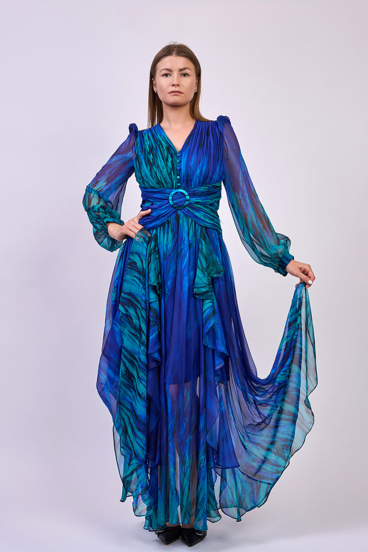 ROYALA Blue Long Blouson Sleeves A Line Chiffon Evening Gown