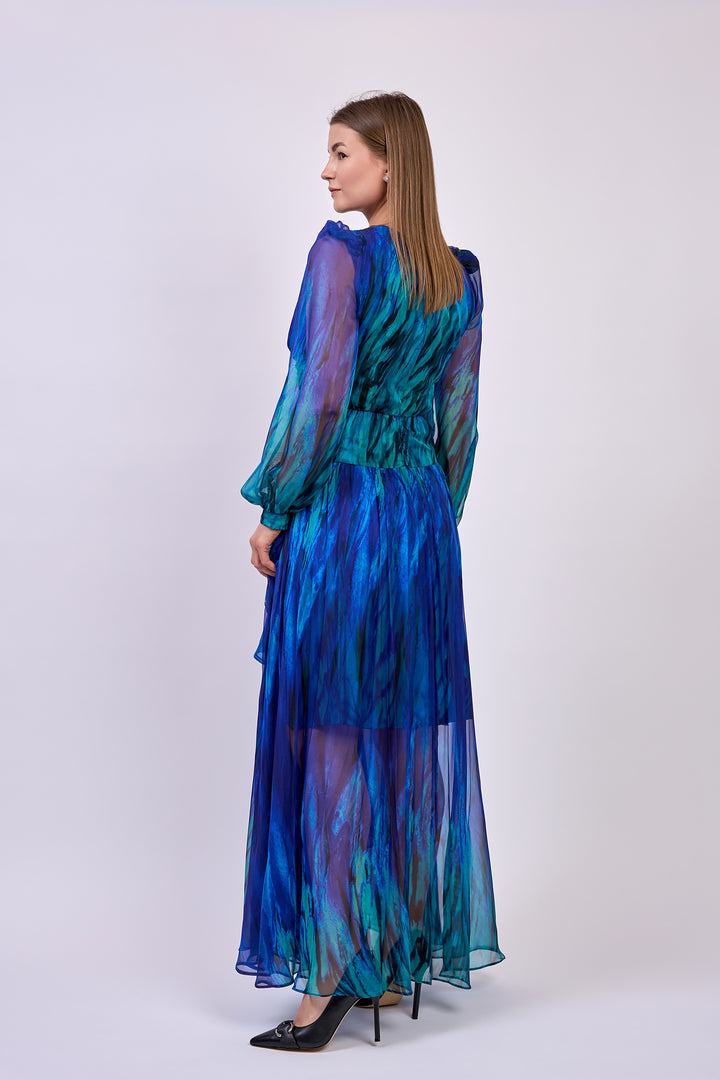 ROYALA Blue Long Blouson Sleeves A Line Chiffon Evening Gown