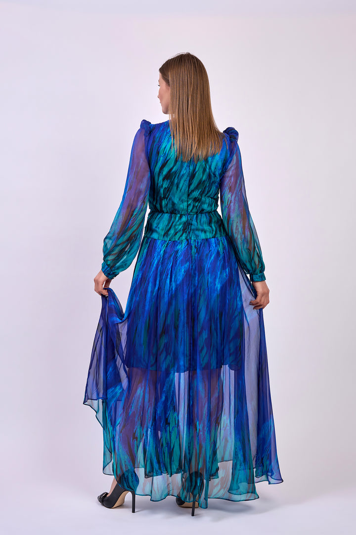 ROYALA Blue Long Blouson Sleeves A Line Chiffon Evening Gown