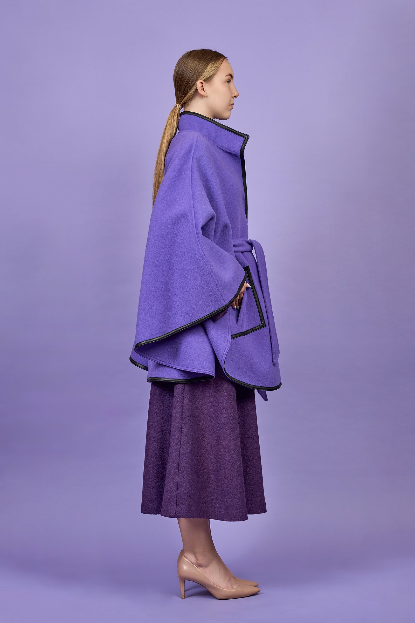 Purple Wool & Cashmere Cape Coat – Black Trim – Alesia C