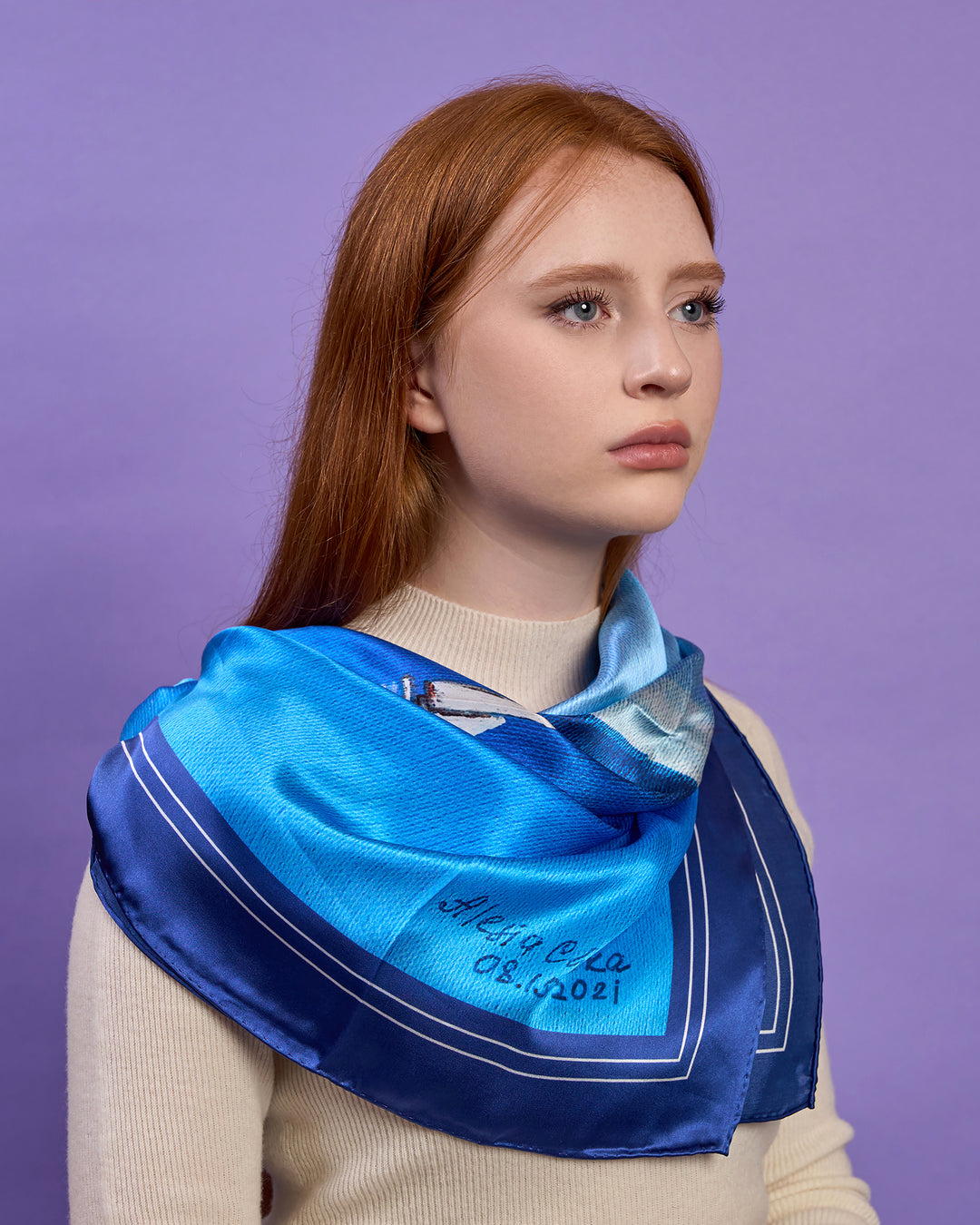 SAIL THE JOURNEY NAUTICAL Navy Light Blue Designer Silk Scarf Art A Porte by Alesia Chaika AlesiaC.com