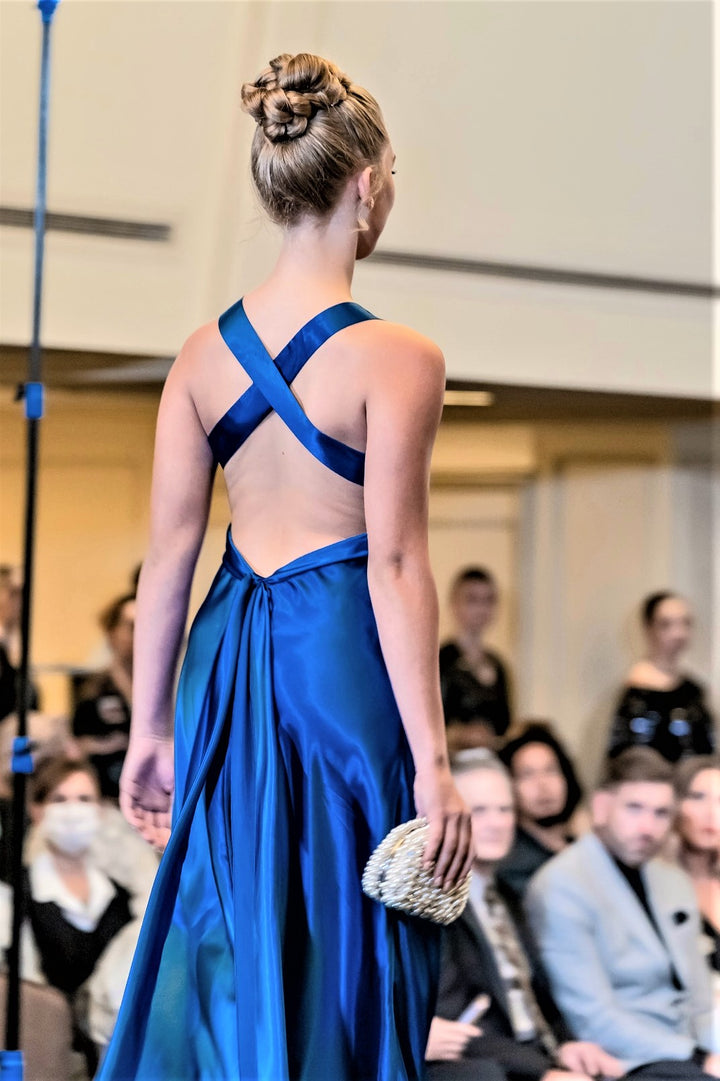 Royal blue silk long couture gown with sweetheart neckline, criss-cross low back, and long sash in A-line silhouette for any occasion 4