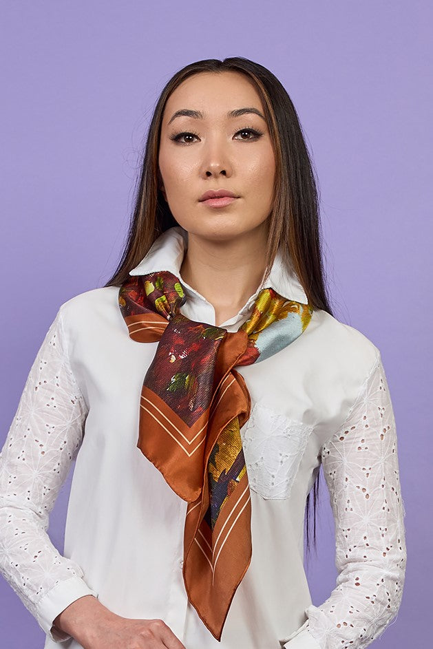 Designer Brown Rust and Gold Luxury 100% Silk Scarf by Alesia Chaika AlesiaC.com