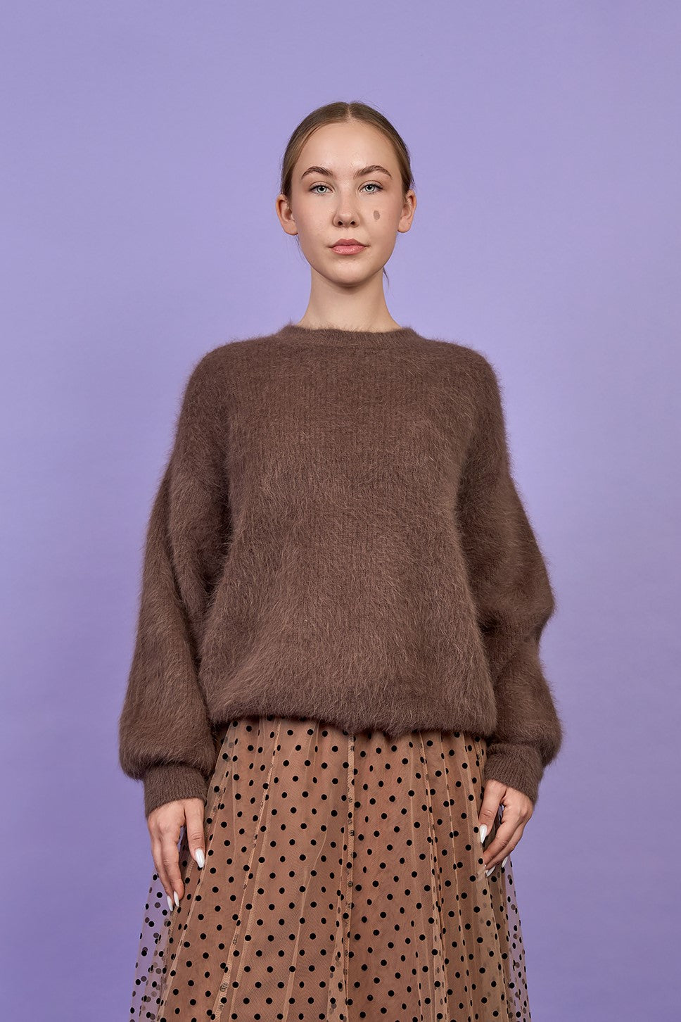 Mocha Mousse Luxury Designer Alesia C YANA Luxury Angora Crewneck Pullover Sweater in Mocha Brown Angora Knit Wool