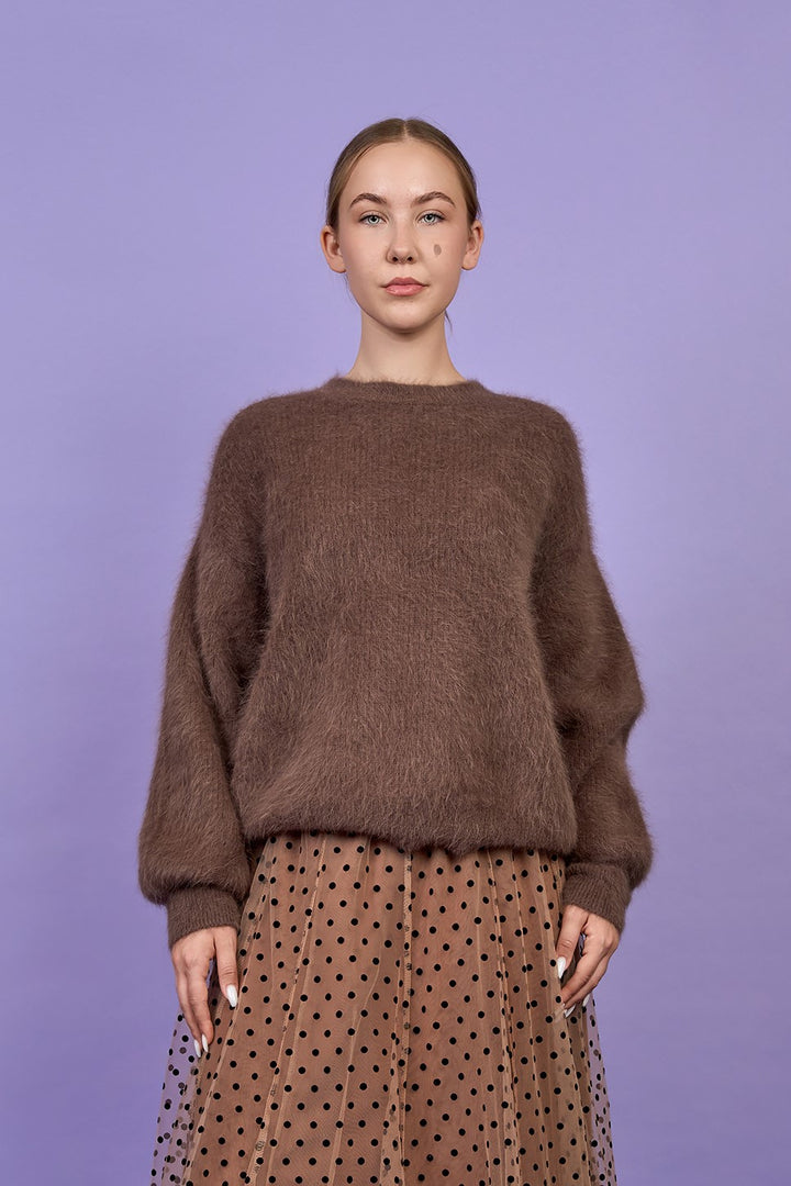 Mocha Mousse Luxury Designer Alesia C YANA Luxury Angora Crewneck Pullover Sweater in Mocha Brown Angora Knit Wool