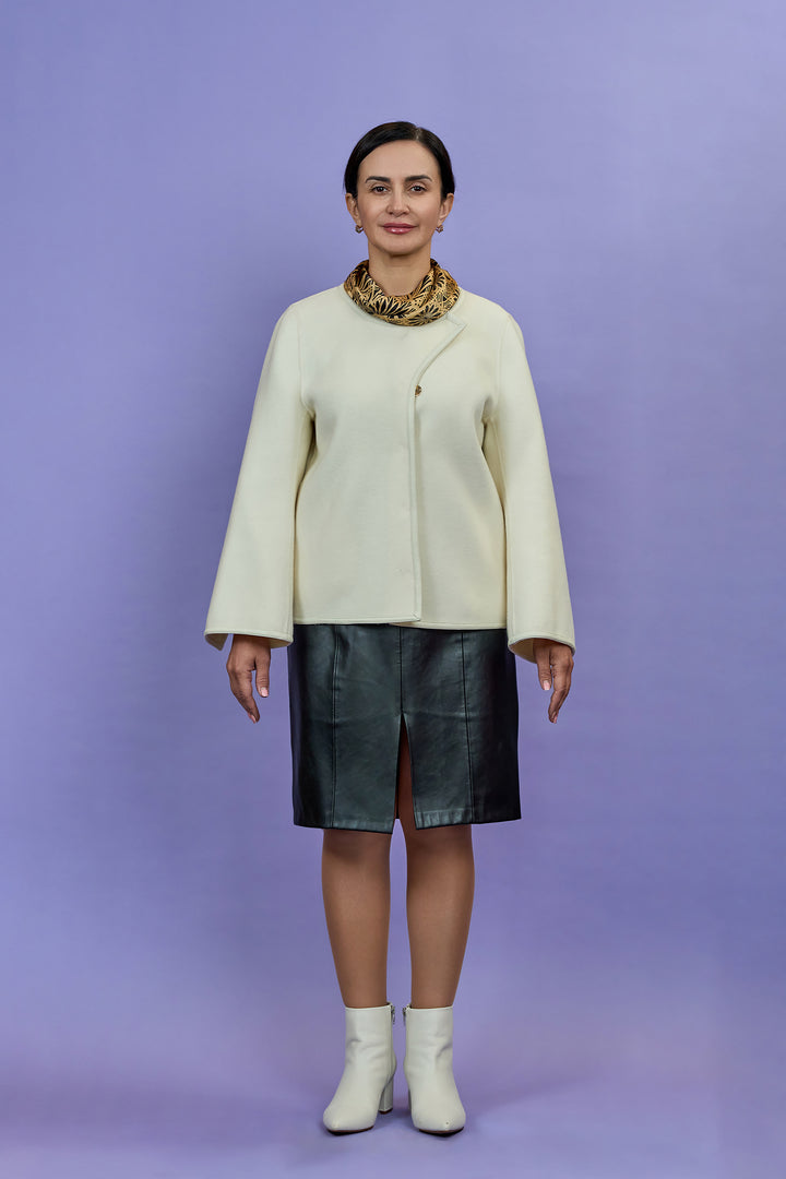 Original Lady Auto White Wool Cashmere Jacket with Bell Sleeves and Hidden Snap Buttons by Alesia C. AlesiaC.com 