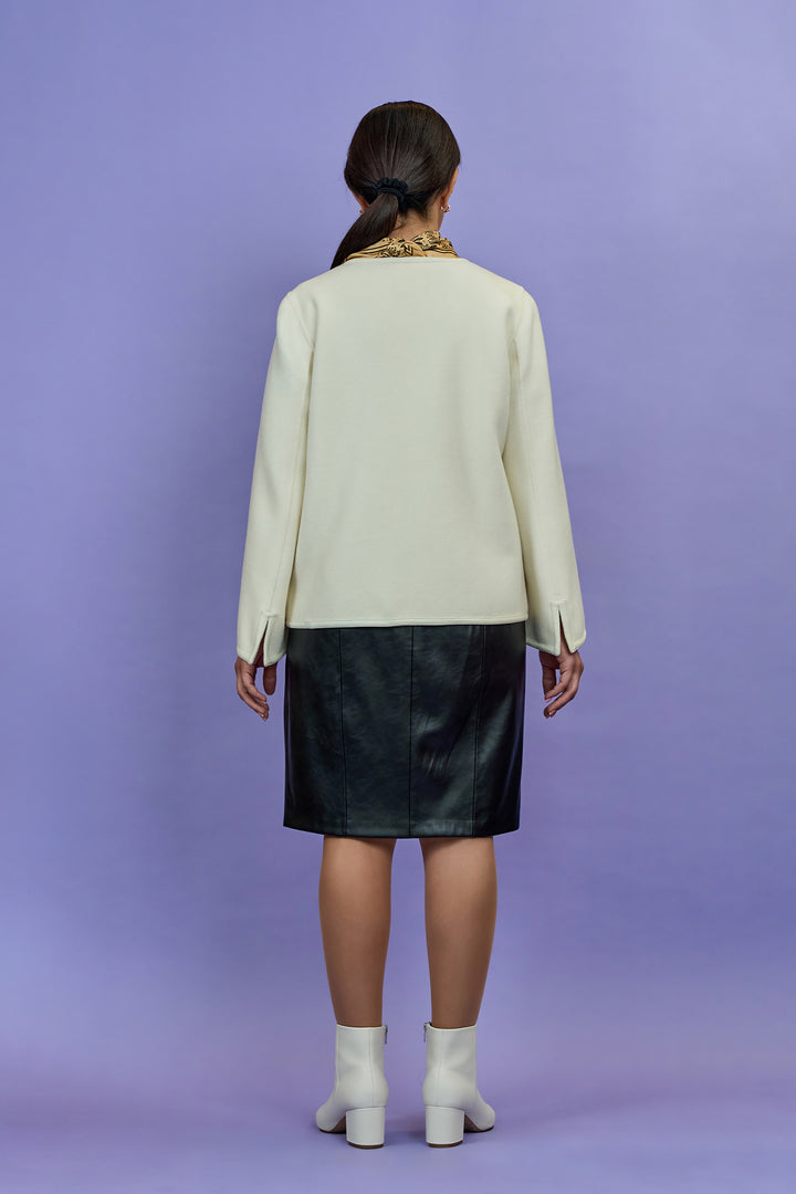 Original Lady Auto White Wool Cashmere Jacket with Bell Sleeves and Hidden Snap Buttons by Alesia C. AlesiaC.com 