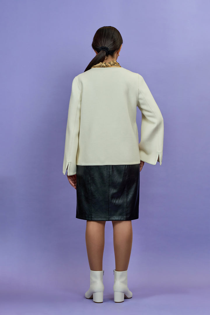 Original Lady Auto White Wool Cashmere Jacket with Bell Sleeves and Hidden Snap Buttons by Alesia C. AlesiaC.com 