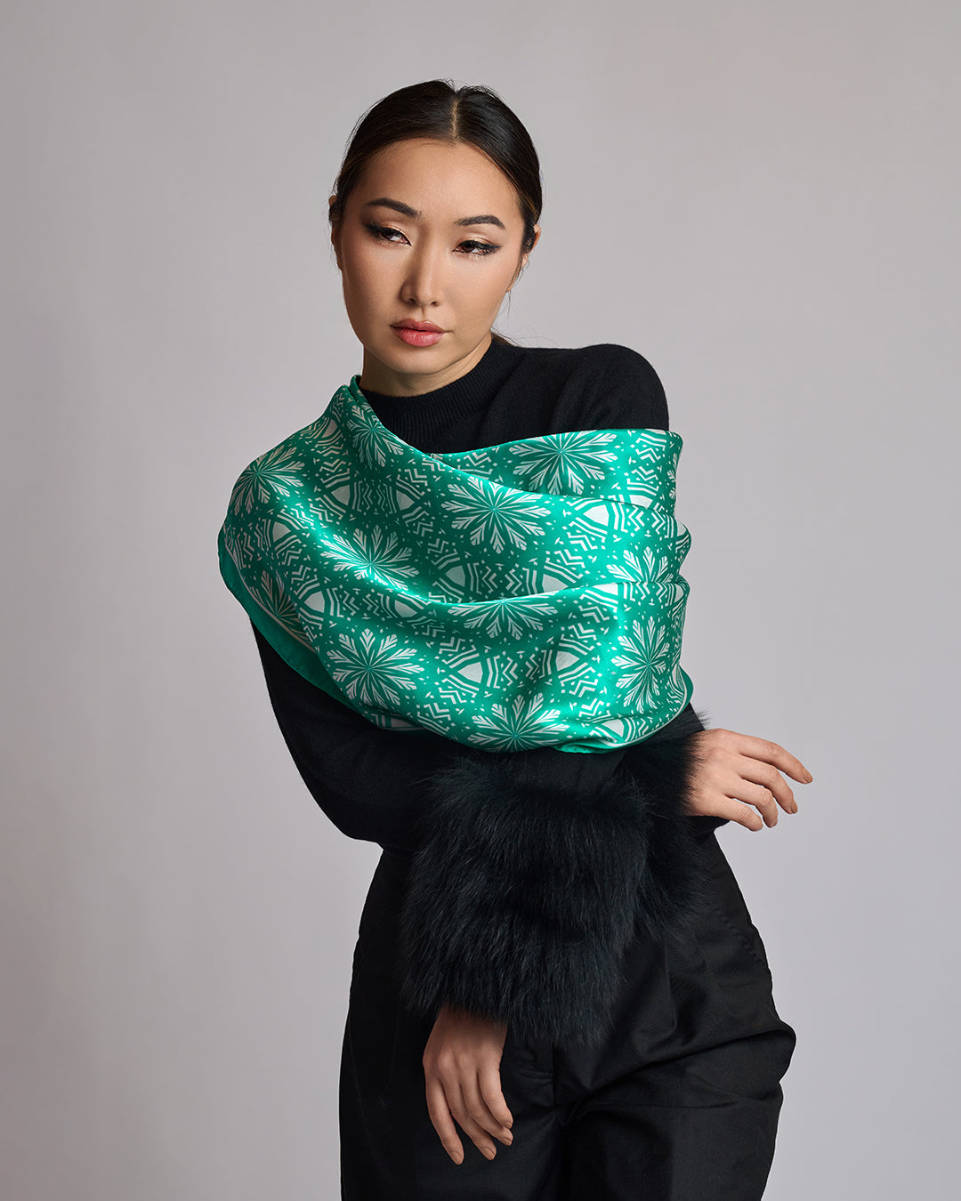 White Snowflakes on Green Aster Mandala 100& Silk Charmeuse Scarf in Green and White by Alesia Chaika Mandala Collection AlesiaC.com