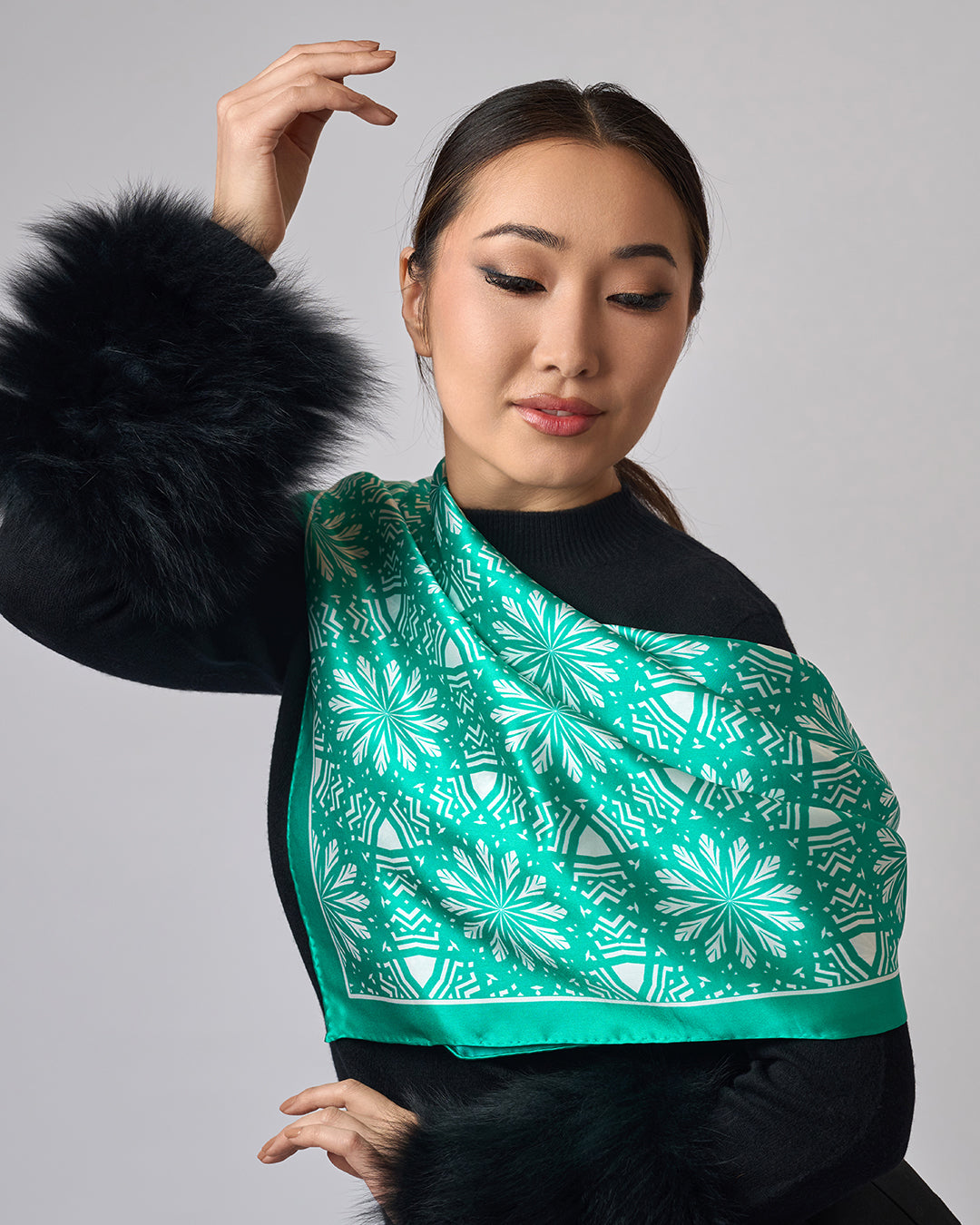 White Snowflakes on Green Aster Mandala 100& Silk Charmeuse Scarf in Green and White by Alesia Chaika Mandala Collection AlesiaC.com