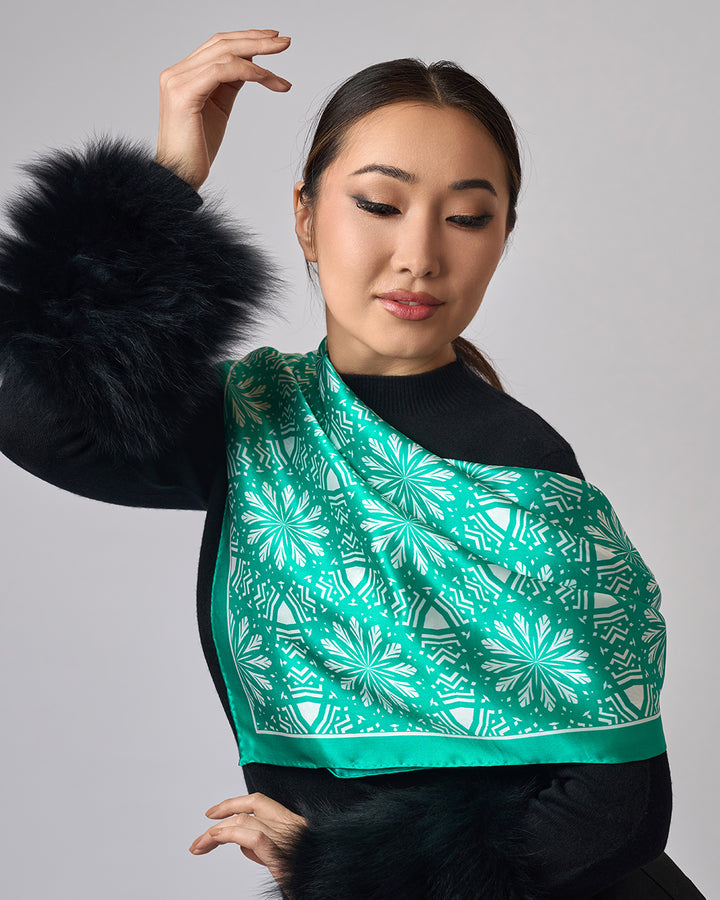 White Snowflakes on Green Aster Mandala 100& Silk Charmeuse Scarf in Green and White by Alesia Chaika Mandala Collection AlesiaC.com