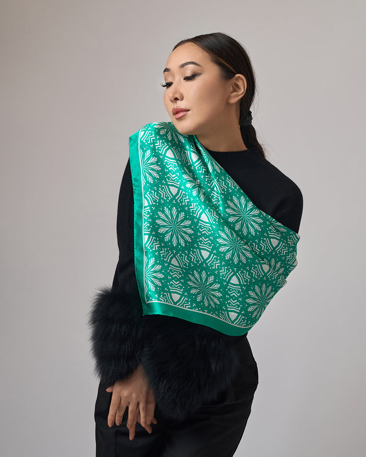 White Snowflakes on Green Aster Mandala 100& Silk Charmeuse Scarf in Green and White by Alesia Chaika Mandala Collection AlesiaC.com