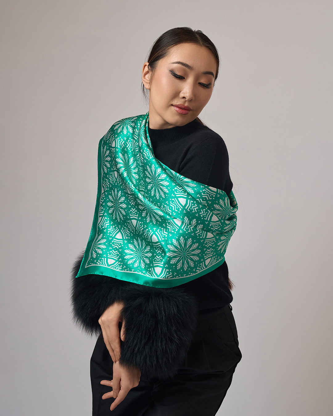 White Snowflakes on Green Aster Mandala 100& Silk Charmeuse Scarf in Green and White by Alesia Chaika Mandala Collection AlesiaC.com