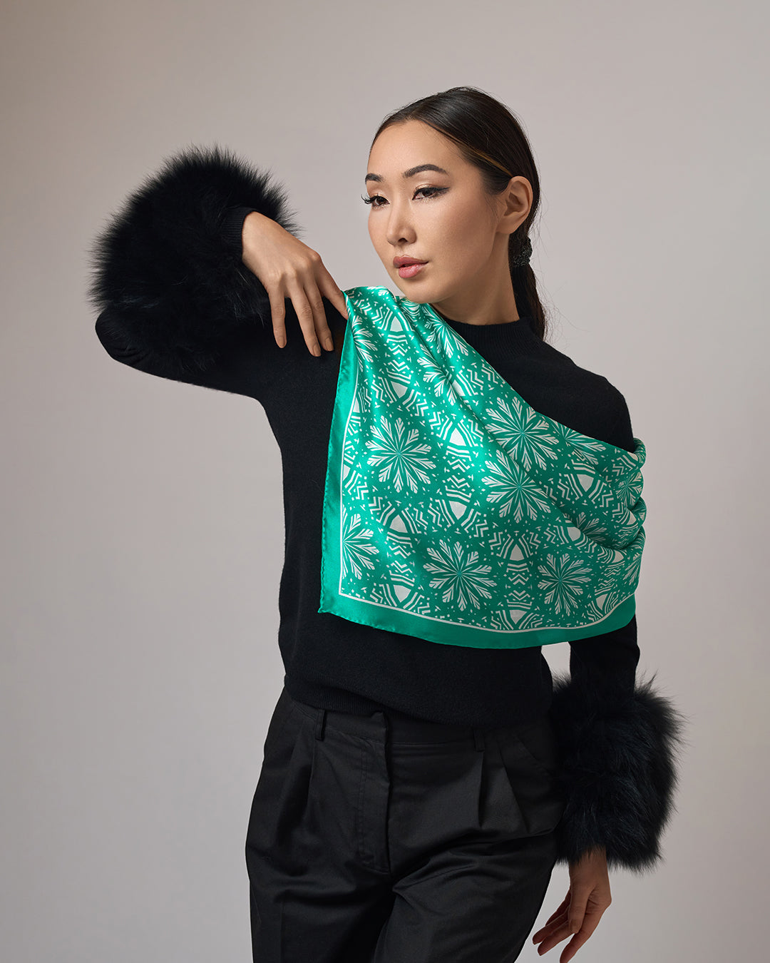 White Snowflakes on Green Aster Mandala 100& Silk Charmeuse Scarf in Green and White by Alesia Chaika Mandala Collection AlesiaC.com