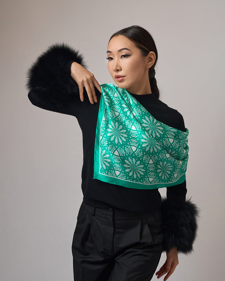 White Snowflakes on Green Aster Mandala 100& Silk Charmeuse Scarf in Green and White by Alesia Chaika Mandala Collection AlesiaC.com