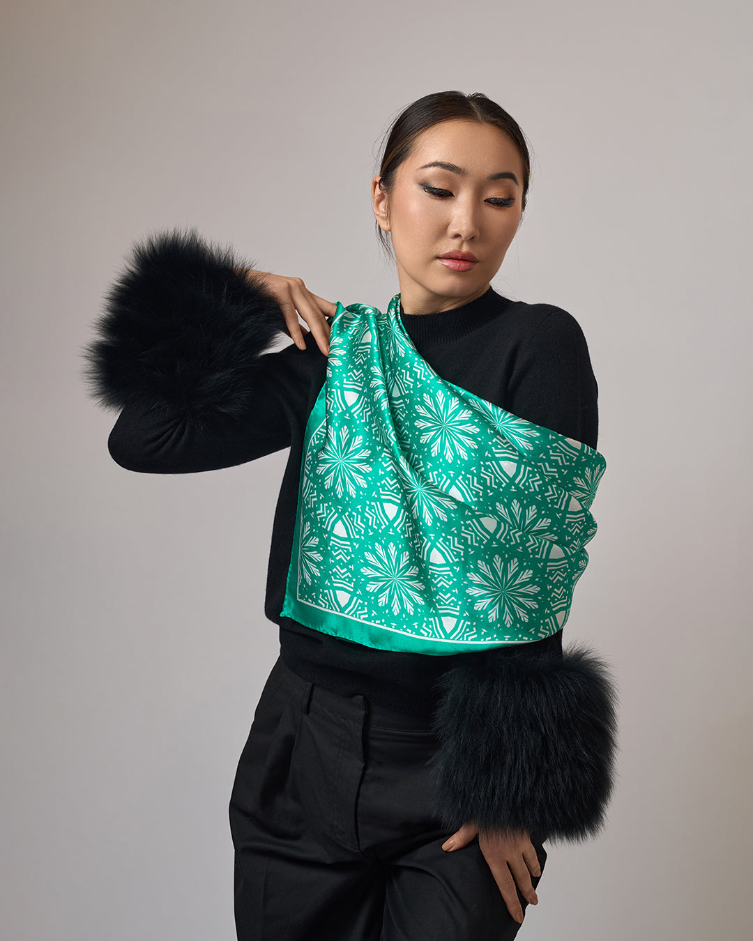 White Snowflakes on Green Aster Mandala 100& Silk Charmeuse Scarf in Green and White by Alesia Chaika Mandala Collection AlesiaC.com