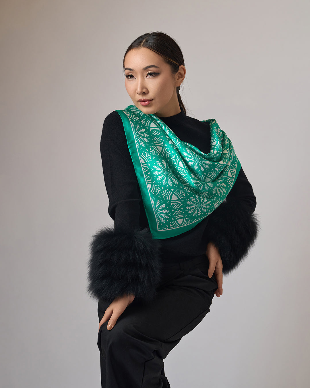 White Snowflakes on Green Aster Mandala 100& Silk Charmeuse Scarf in Green and White by Alesia Chaika Mandala Collection AlesiaC.com