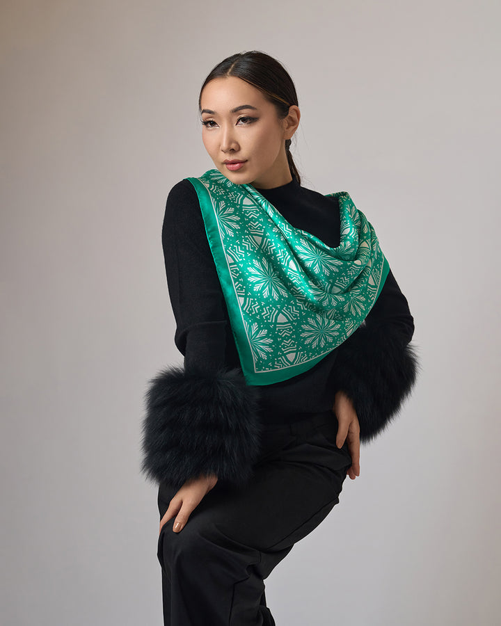 White Snowflakes on Green Aster Mandala 100& Silk Charmeuse Scarf in Green and White by Alesia Chaika Mandala Collection AlesiaC.com