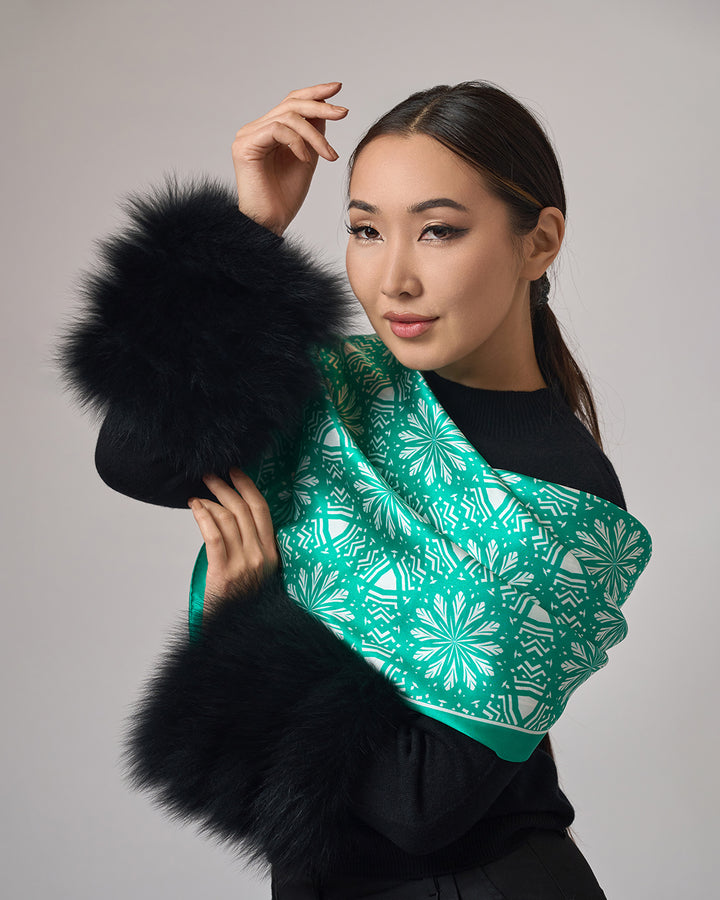 White Snowflakes on Green Aster Mandala 100& Silk Charmeuse Scarf in Green and White by Alesia Chaika Mandala Collection AlesiaC.com