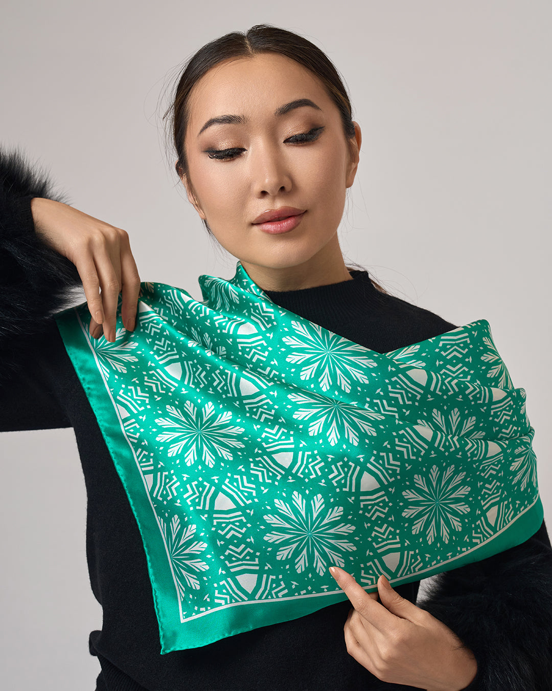 White Snowflakes on Green Aster Mandala 100& Silk Charmeuse Scarf in Green and White by Alesia Chaika Mandala Collection AlesiaC.com