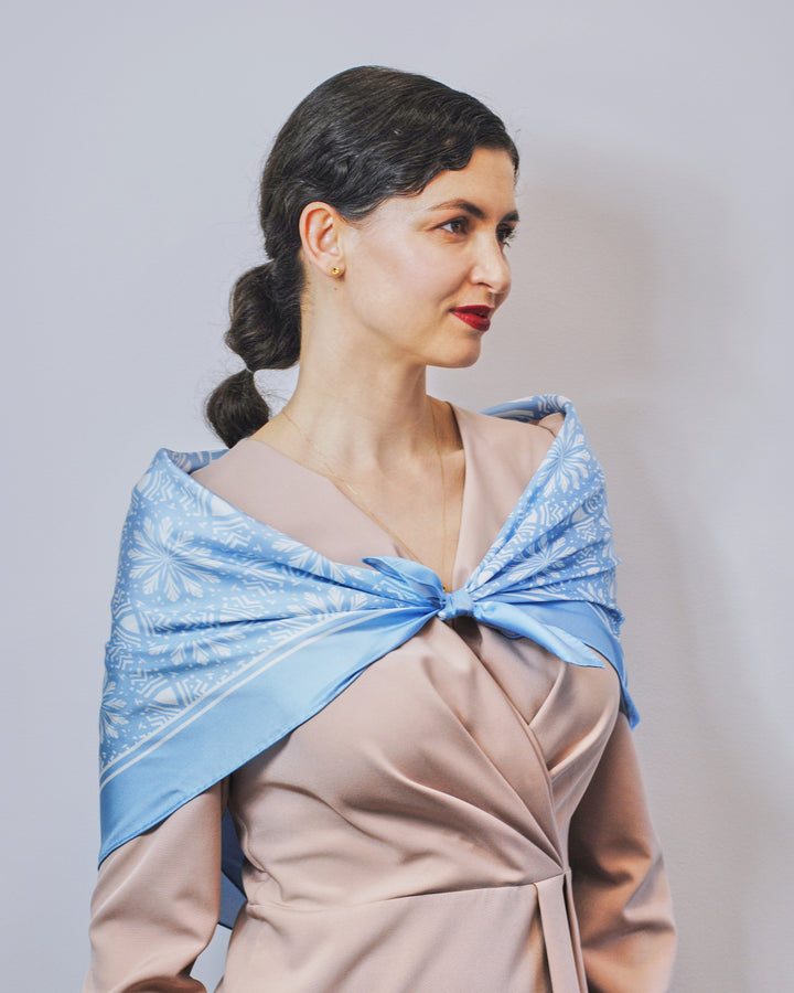 SERENITY Mandala Designer Silk Square Scarf – Light Blue – Hand-Rolled Edges – Multiple Sizes