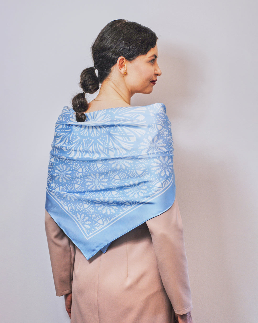 SERENITY Mandala Designer Silk Square Scarf – Light Blue – Hand-Rolled Edges – Multiple Sizes