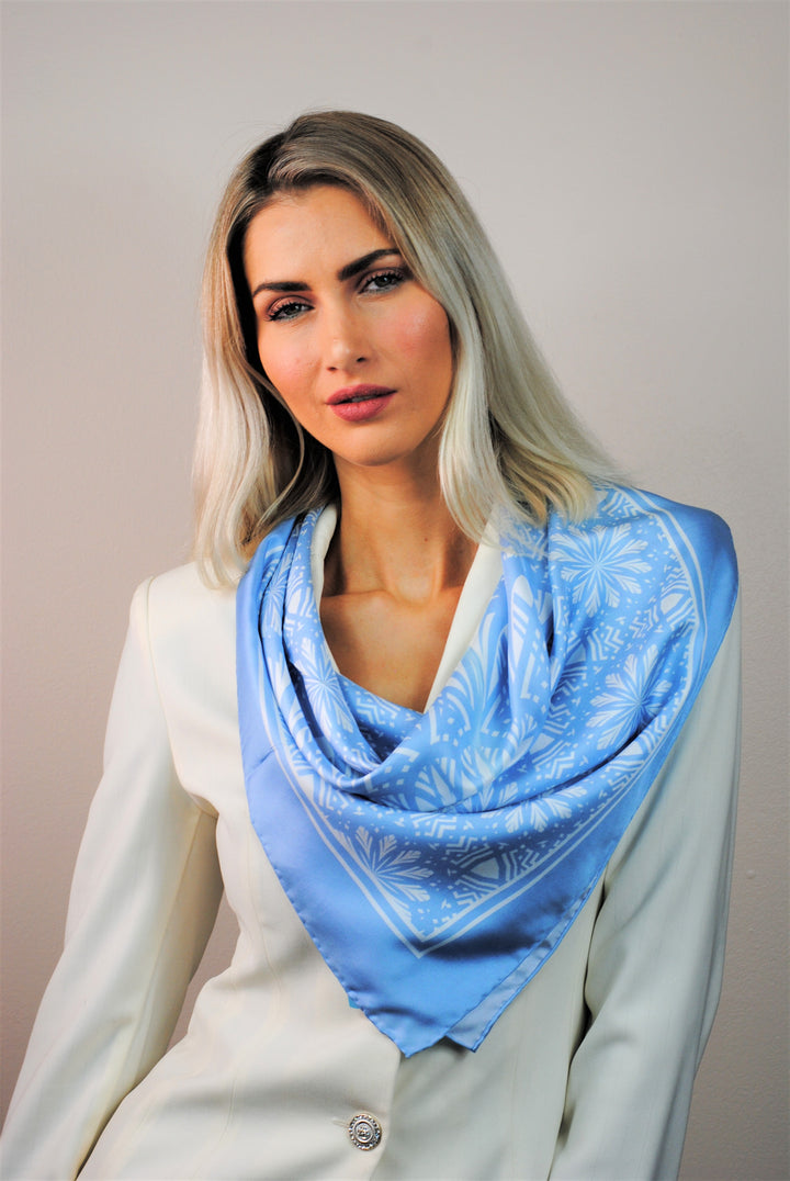 SERENITY Mandala Designer Silk Square Scarf – Light Blue – Hand-Rolled Edges – Multiple Sizes