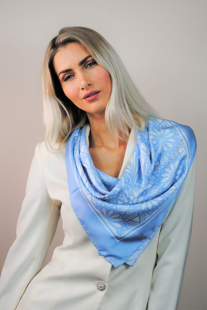 SERENITY Mandala Designer Silk Square Scarf – Light Blue – Hand-Rolled Edges – Multiple Sizes
