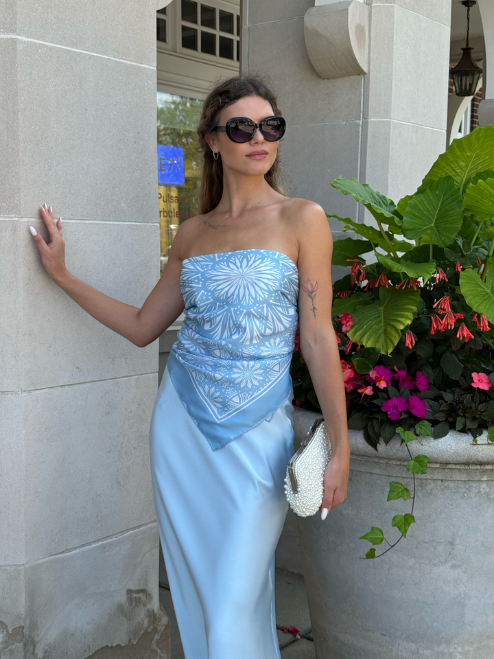 SERENITY Mandala Designer Silk Square Scarf – Light Blue – Hand-Rolled Edges – Multiple Sizes