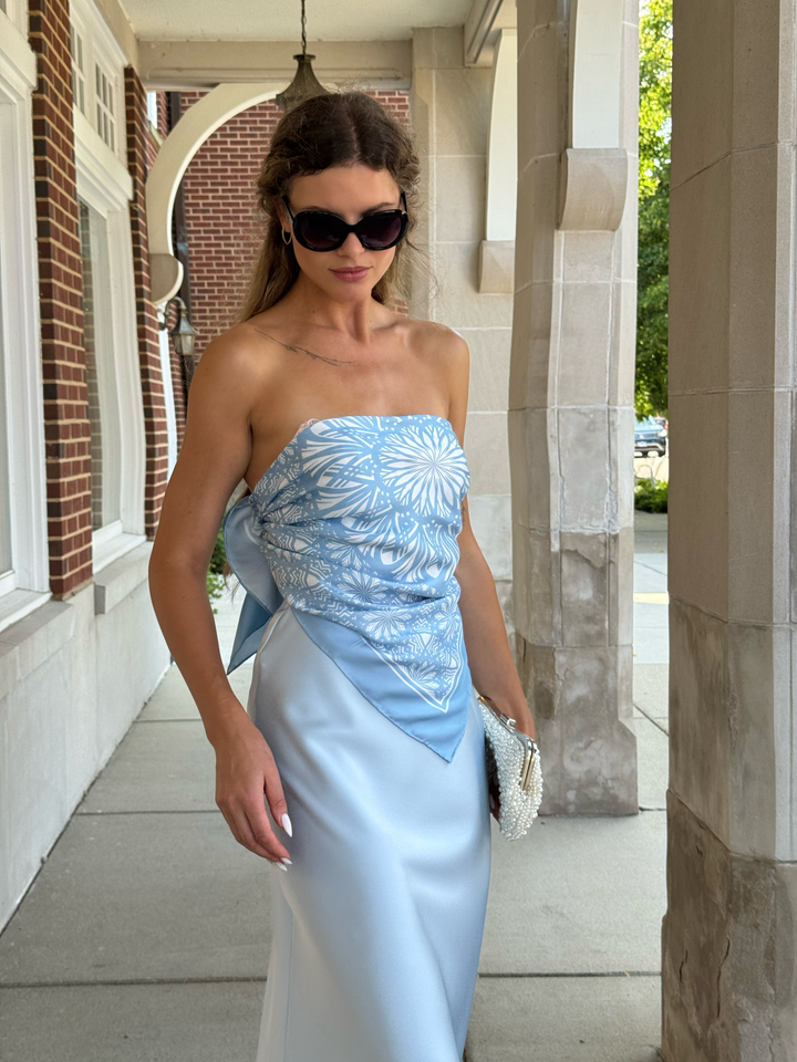 SERENITY Mandala Designer Silk Square Scarf – Light Blue – Hand-Rolled Edges – Multiple Sizes