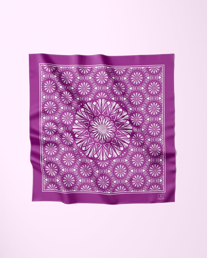 SERENITY Mandala Designer Silk Square Scarf – Purple White – Hand-Rolled Edges – Multiple Sizes