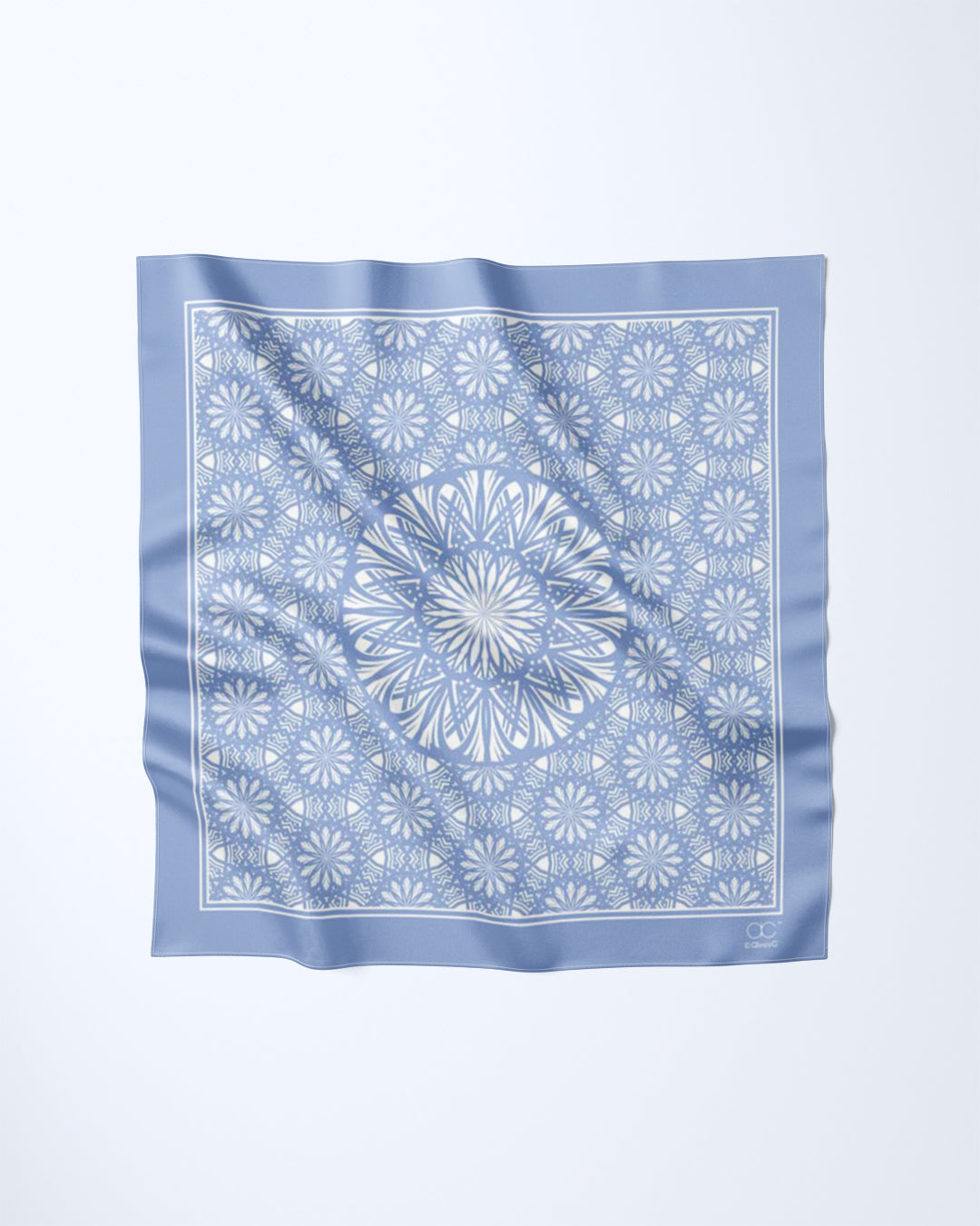SERENITY Mandala Designer Silk Square Scarf – Light Blue – Hand-Rolled Edges by Alesia Chaika AlesiaC.com