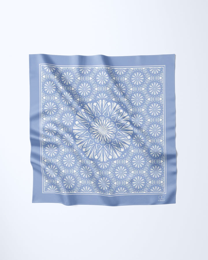 SERENITY Mandala Designer Silk Square Scarf – Light Blue – Hand-Rolled Edges – Multiple Sizes