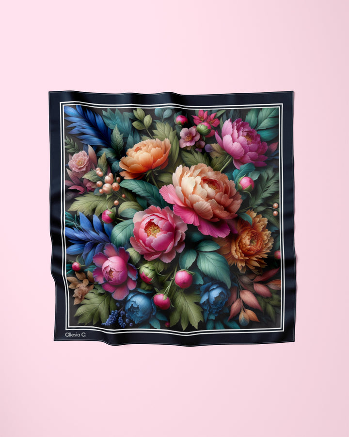 Silken Peonies Bright Silk Scarf Black Multicolor by Alesia Chaika