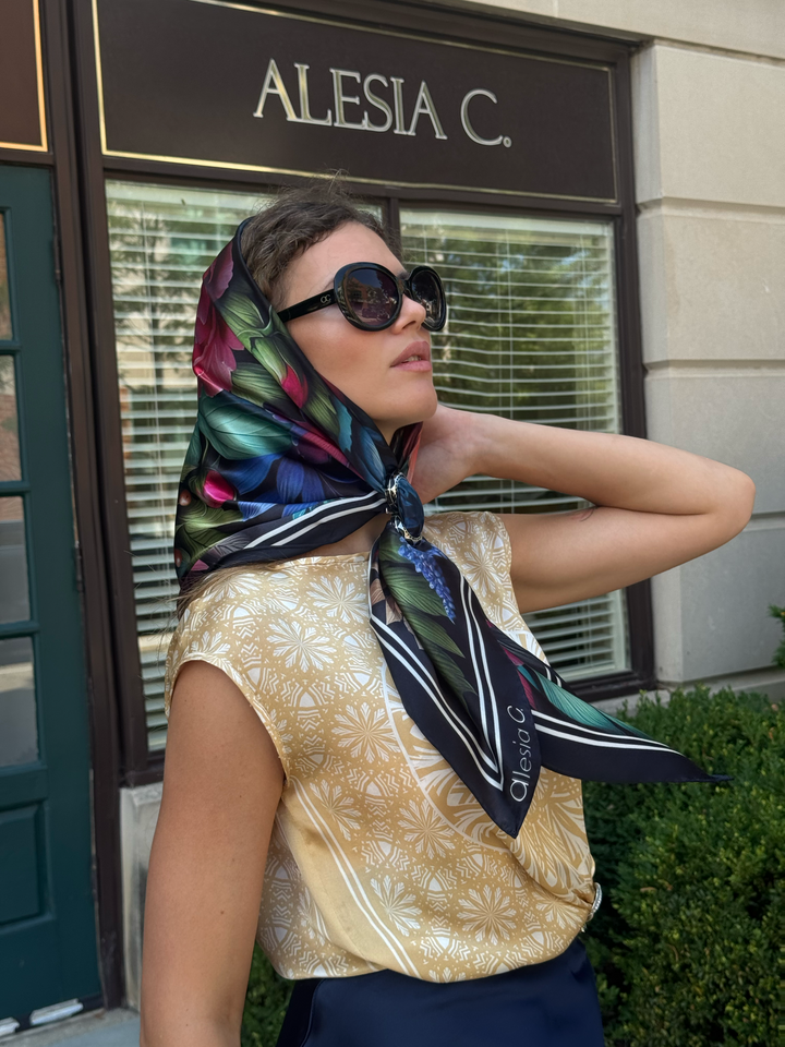 Silken Peonies Pure Silk Scarf in Pink Orange Blue Green and Black – Alesia C. Floral Collection